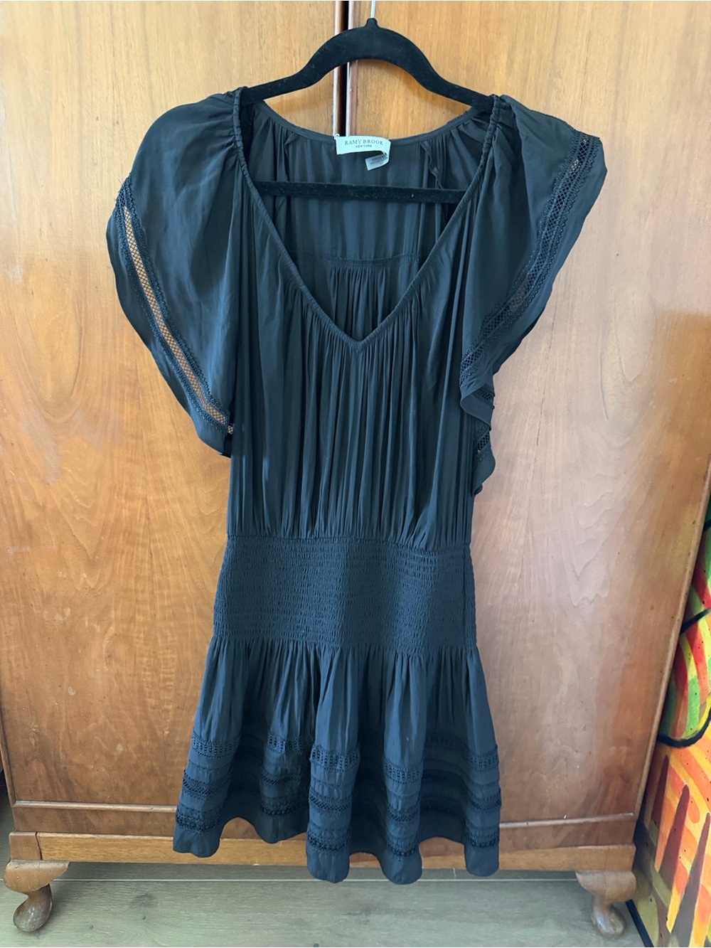 Ramy Brook Black V-Neck Flutter Sleeve Mini Dress